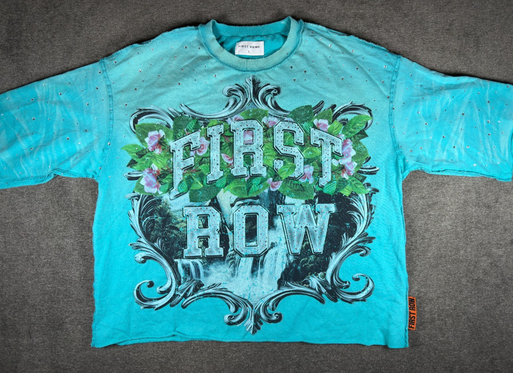FIRST ROW Mens Blue Teal Graphic Print Rhinestone Tee Size L Lost Utopia Frame